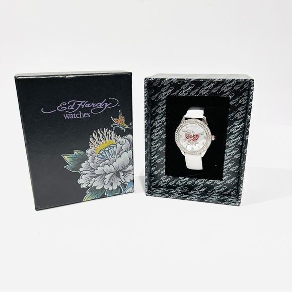 Ed Hardy Swarovski Crystals White Band Watch - Picture 1 of 9